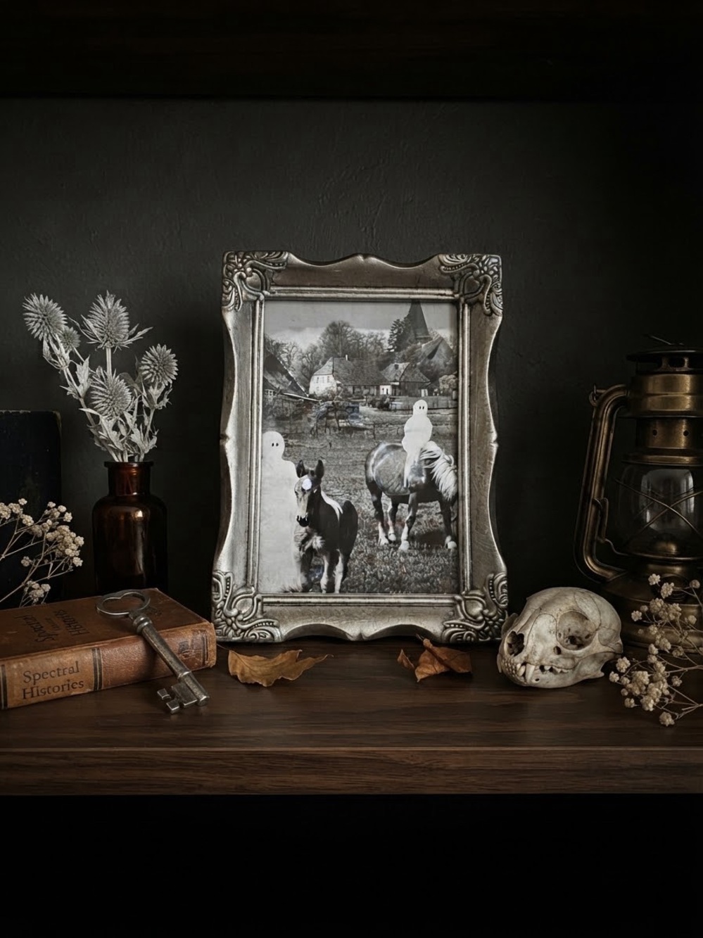 Ghosts on the Farm with Ornate Silver Decorative Photo Frame - Halloween decor
